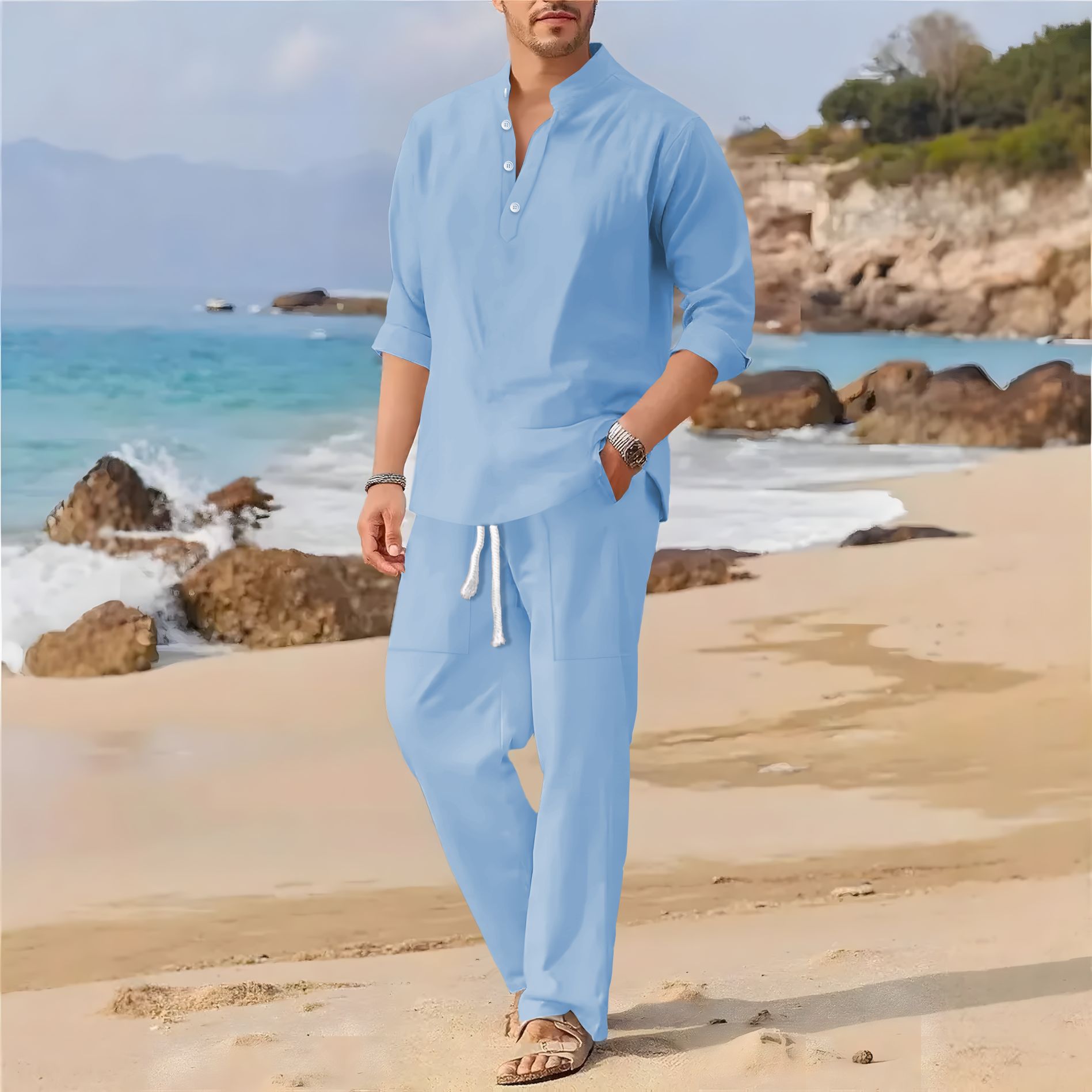 Linen Fabric Natural - Abito casual da uomo a maniche