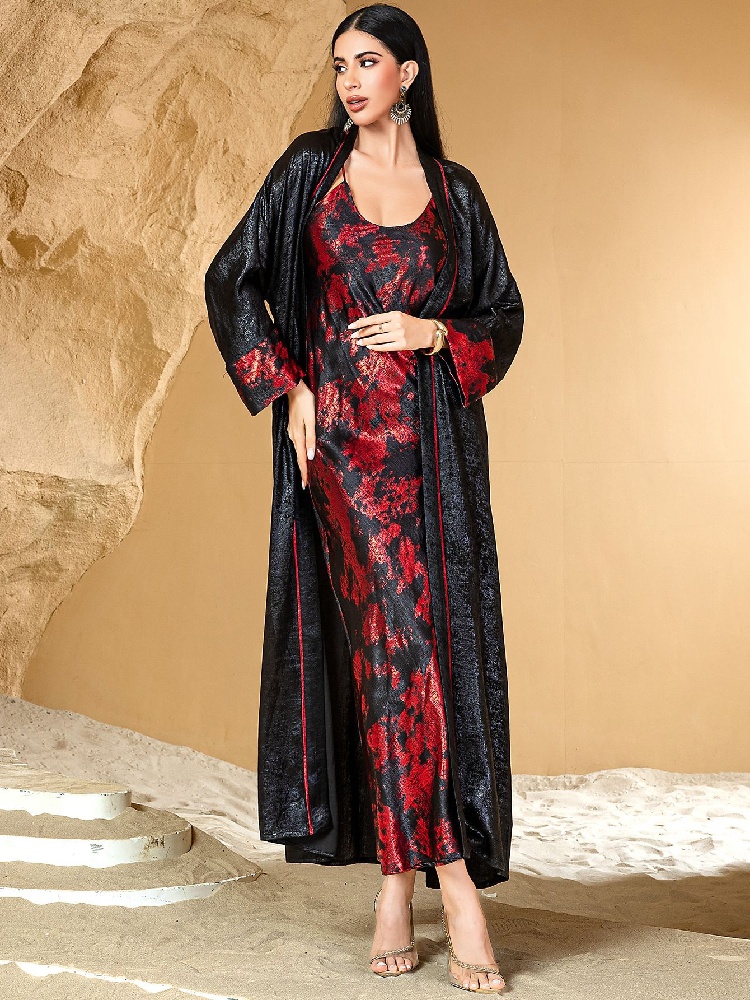 Embroidery Kebaya - Nero Rosso Aperto Kimono Abaya Damen