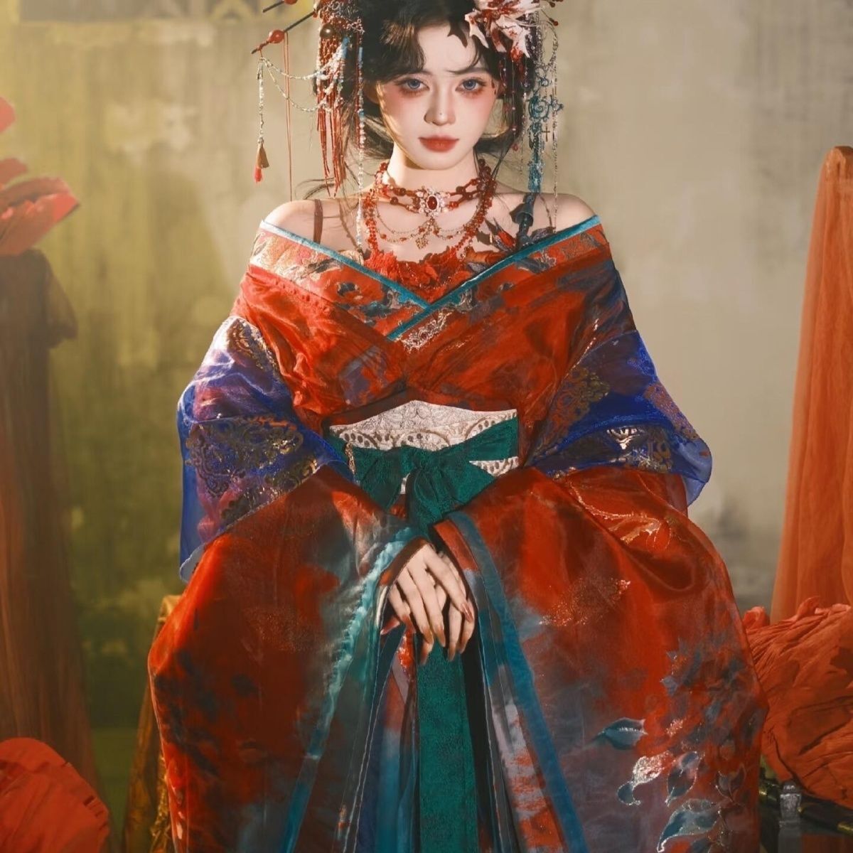 Embroidery Dress - Hanfu Nero Blu Ricamato da Donna,
