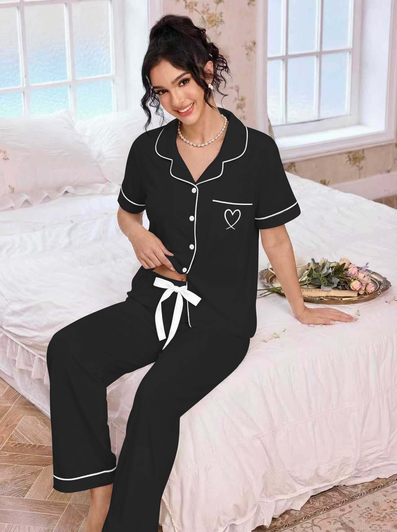 Embroidery In The Piece - Set Pigiama da Donna con Colletto,