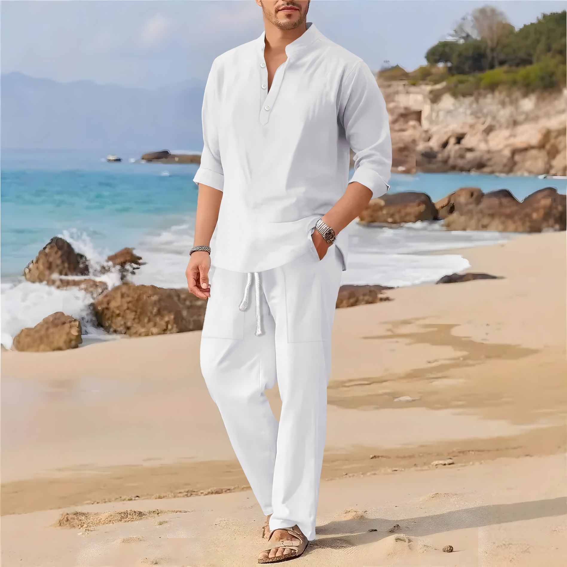 Abito casual da uomo a maniche - Linen Fabric Natural recensione e prezzo