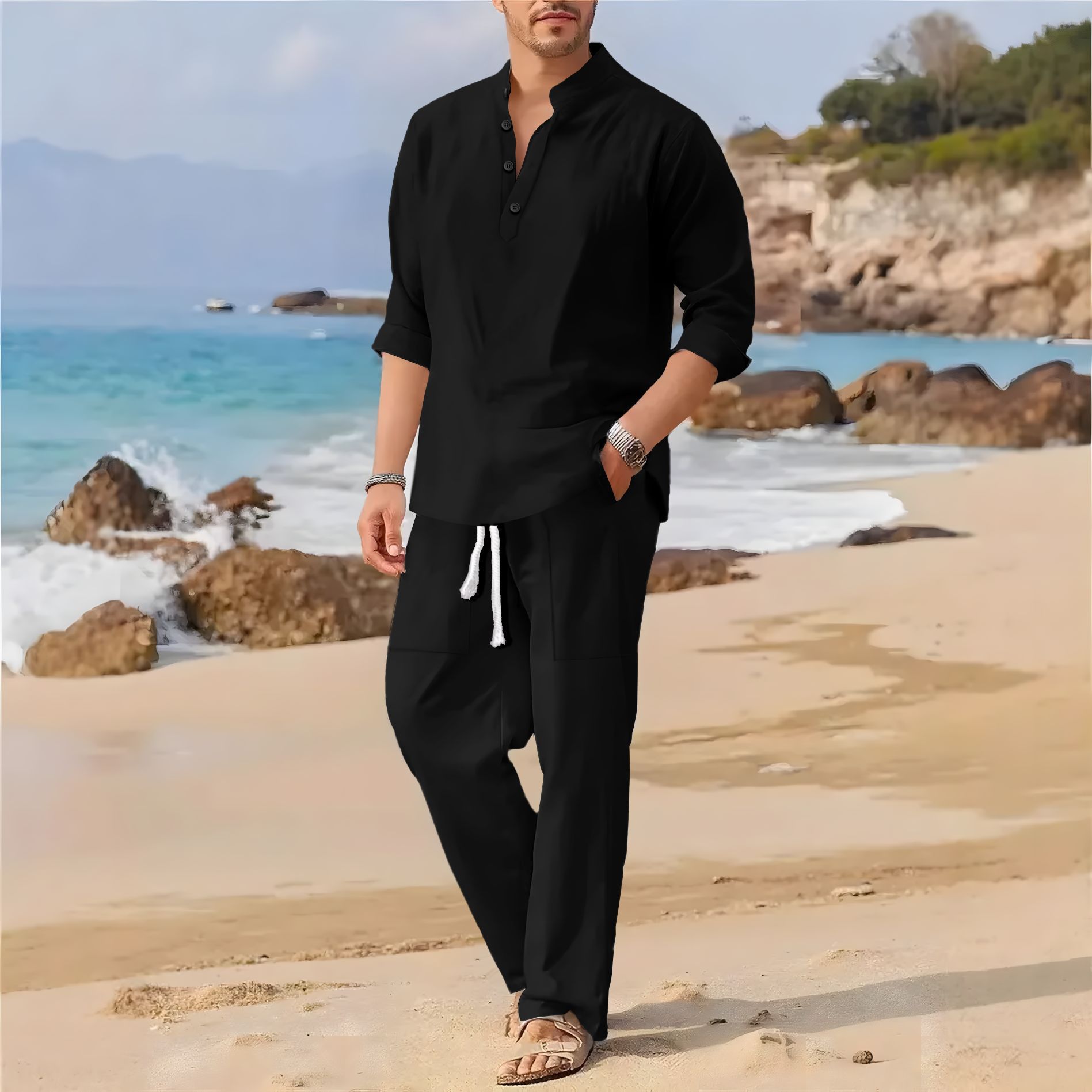 Abito casual da uomo a maniche - Linen Fabric Natural recensione e prezzo