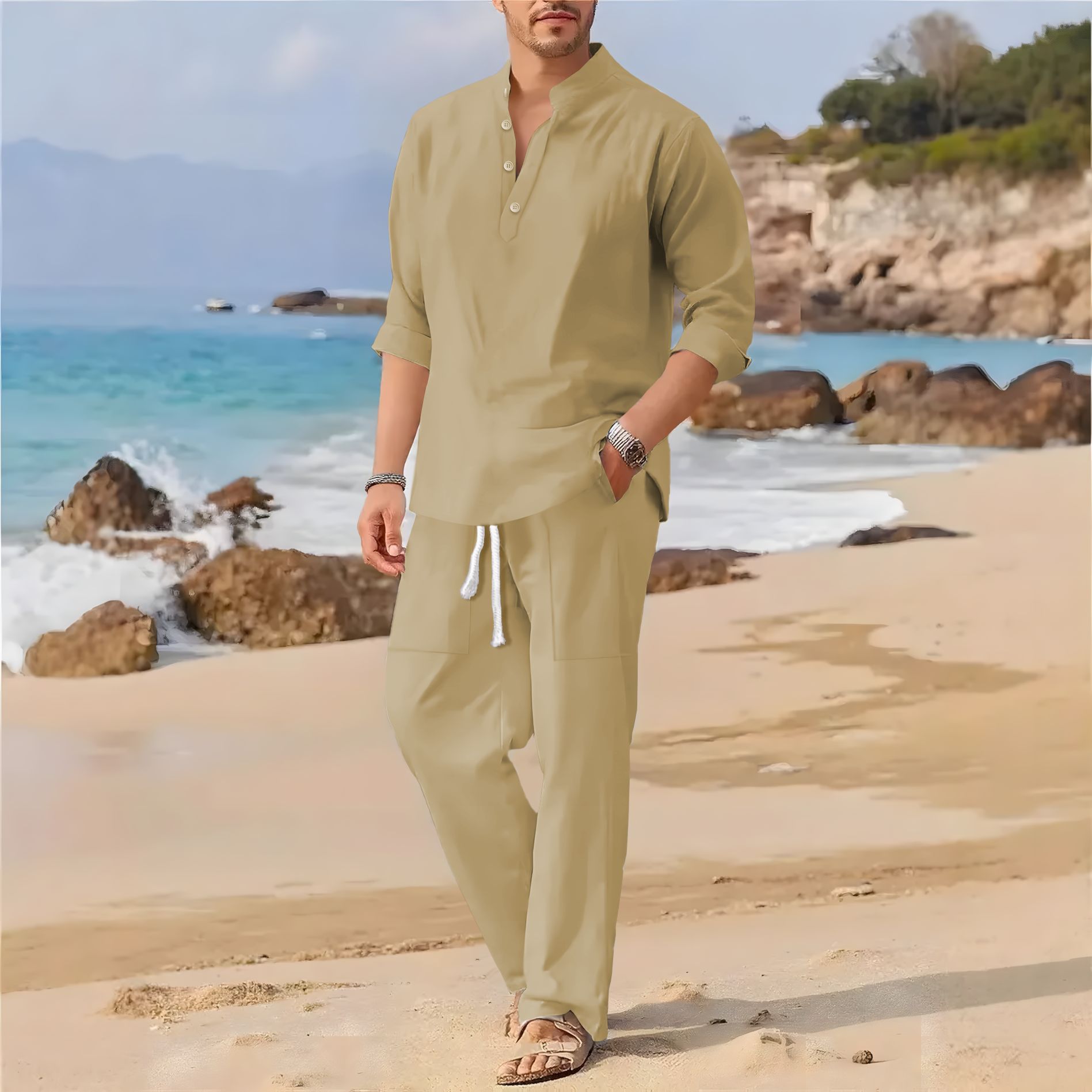 Abito casual da uomo a maniche - Linen Fabric Natural recensione e prezzo